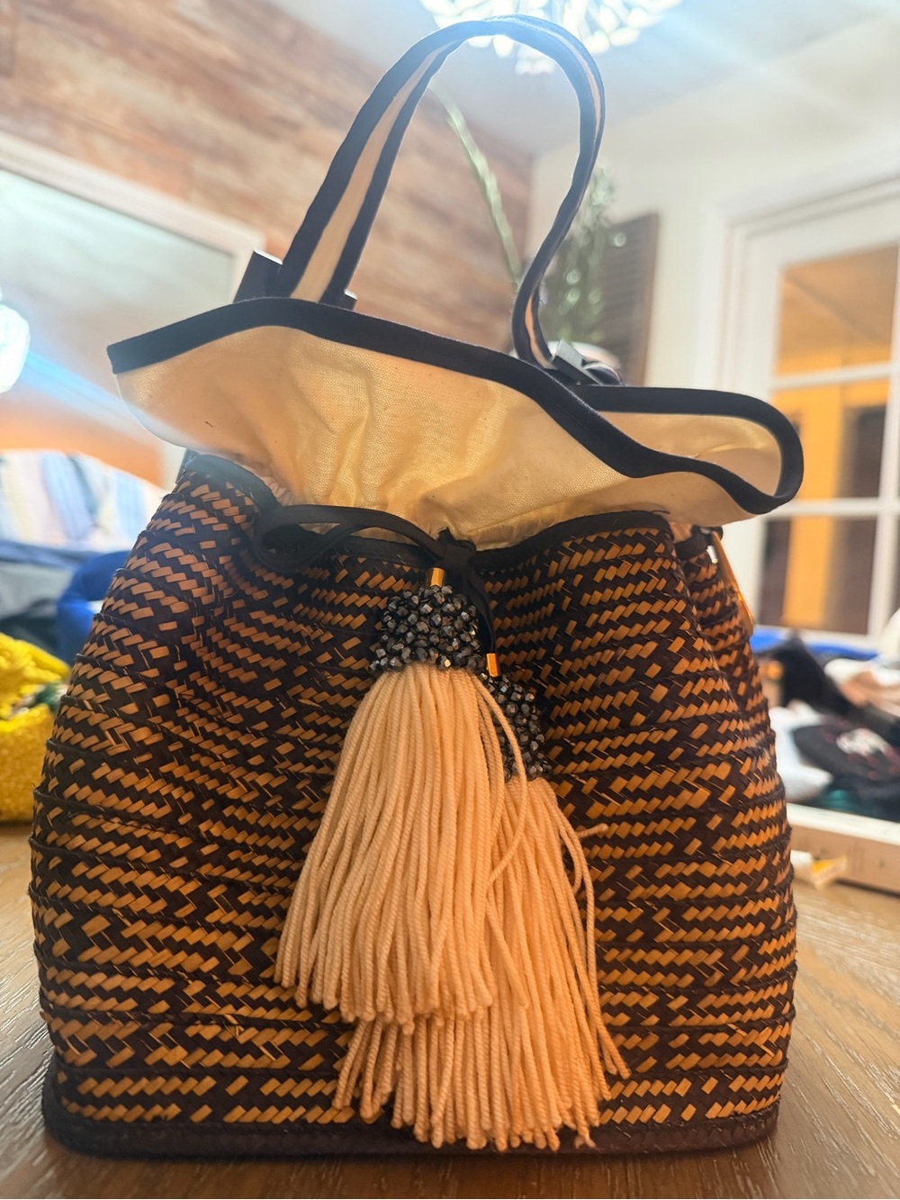 Woven Drawstring Tote Bag with Tassel - Black & Tan